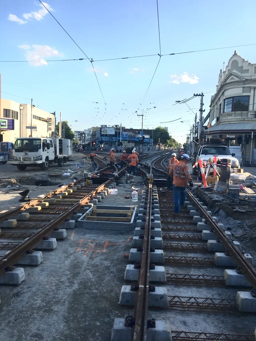 Groove-rail welding on a Melbourne tram route.